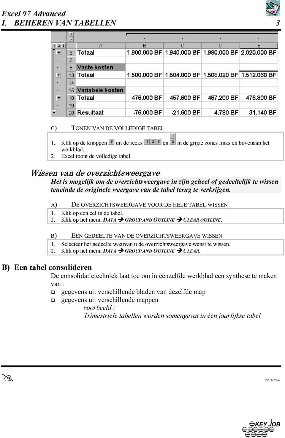 A) DE OVERZICHTSWEERGAVE VOOR DE HELE TABEL WISSEN 1. Klik op een cel in de tabel. 2. Klik op het menu DATA GROUP AND OUTLINE CLEAR OUTLINE. B) EEN GEDEELTE VAN DE OVERZICHTSWEERGAVE WISSEN 1.