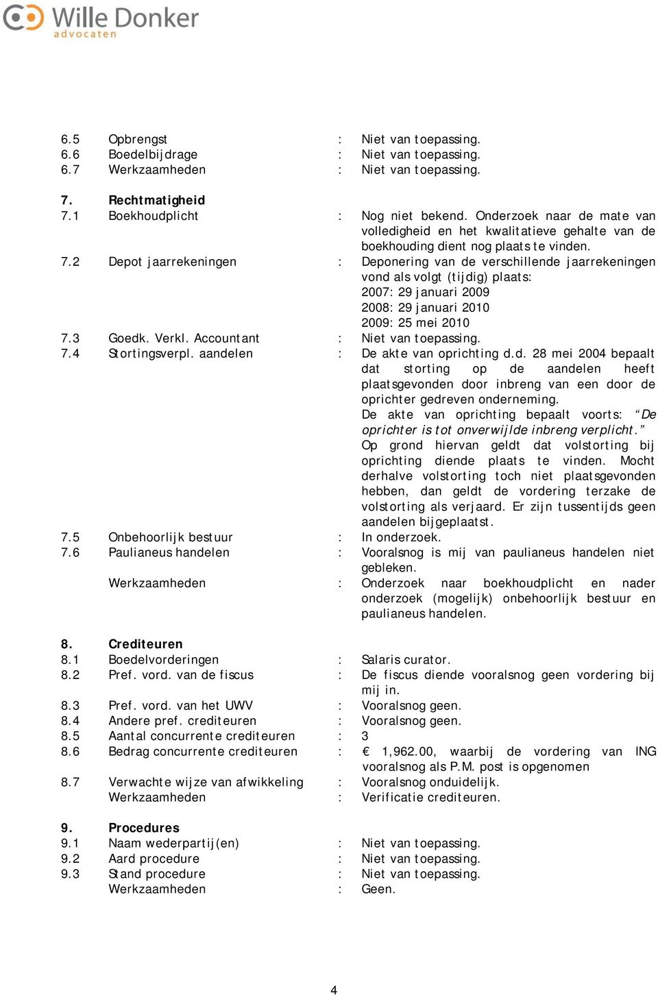 2 Depot jaarrekeningen : Deponering van de verschillende jaarrekeningen vond als volgt (tijdig) plaats: 2007: 29 januari 2009 2008: 29 januari 2010 2009: 25 mei 2010 7.3 Goedk. Verkl.