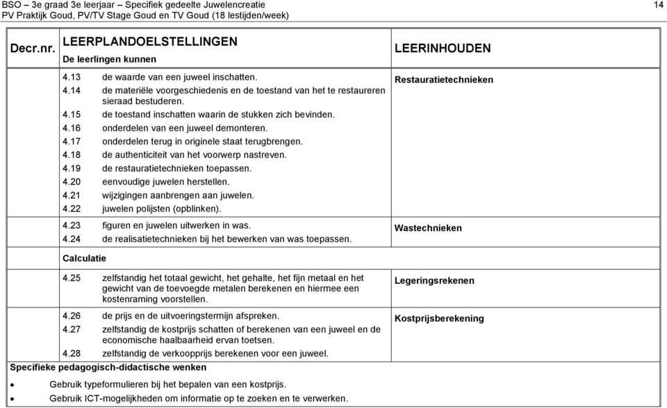 4.17 onderdelen terug in originele staat terugbrengen. 4.18 de authenticiteit van het voorwerp nastreven. 4.19 de restauratietechnieken toepassen. 4.20 eenvoudige juwelen herstellen. 4.21 wijzigingen aanbrengen aan juwelen.