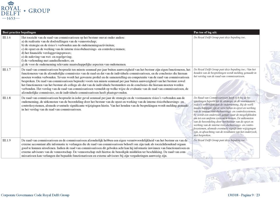 ondernemingsactiviteiten; c) de opzet en de werking van de interne risicobeheersings- en controlesystemen; d) het financiële verslaggevingsproces; e) de naleving van wet- en regelgeving; f) de