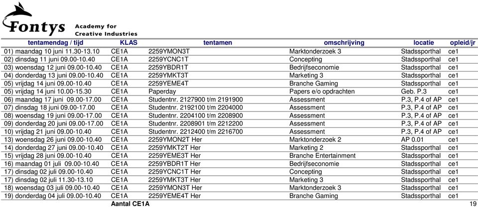 30 CE1A Paperday Papers e/o opdrachten Geb. P.3 ce1 06) maandag 17 juni 09.00-17.00 CE1A Studentnr. 2127900 t/m 2191900 Assessment P.3, P.4 of AP ce1 07) dinsdag 18 juni 09.00-17.00 CE1A Studentnr. 2192100 t/m 2204000 Assessment P.