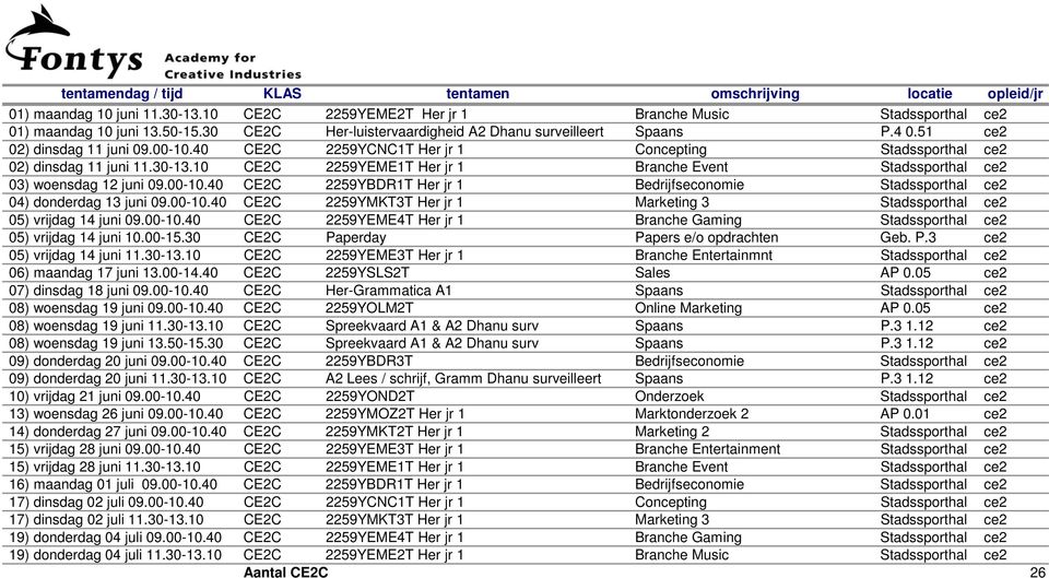 10 CE2C 2259YEME1T Her jr 1 Branche Event Stadssporthal ce2 03) woensdag 12 juni 09.00-10.40 CE2C 2259YBDR1T Her jr 1 Bedrijfseconomie Stadssporthal ce2 04) donderdag 13 juni 09.00-10.40 CE2C 2259YMKT3T Her jr 1 Marketing 3 Stadssporthal ce2 05) vrijdag 14 juni 09.