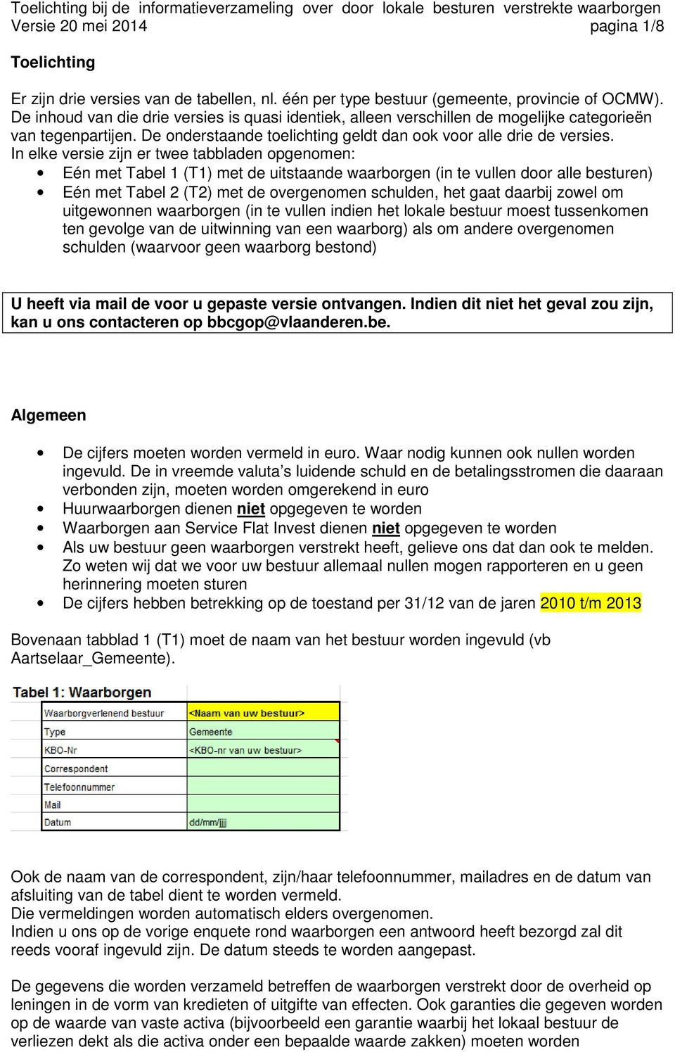 In elke versie zijn er twee tabbladen opgenomen: Eén met Tabel 1 (T1) met de uitstaande waarborgen (in te vullen door alle besturen) Eén met Tabel 2 (T2) met de overgenomen schulden, het gaat daarbij