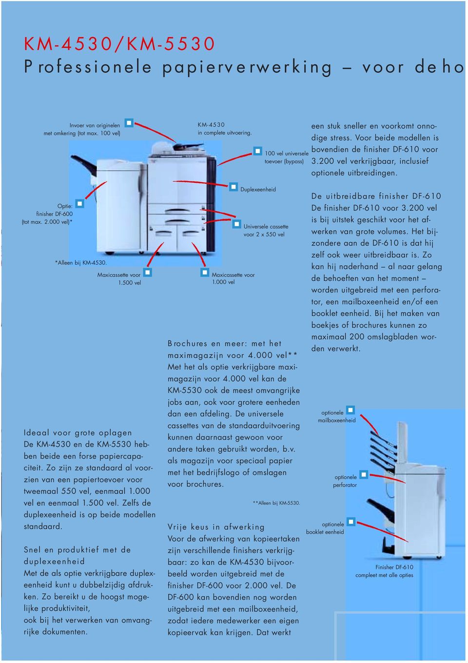 Optie: finisher DF-600 (tot max. 2.000 vel)* *Alleen bij KM-4530. Maxicassette voor 1.500 vel Ideaal voor grote oplagen De KM-4530 en de KM-5530 hebben beide een forse papiercapaciteit.