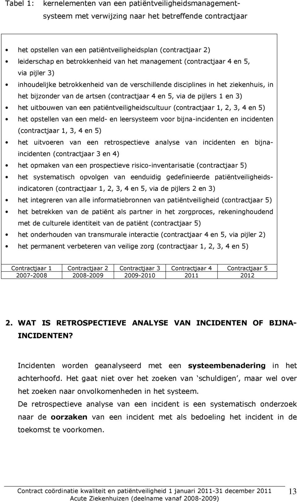 5, via de pijlers 1 en 3) het uitbouwen van een patiëntveiligheidscultuur (contractjaar 1, 2, 3, 4 en 5) het opstellen van een meld- en leersysteem voor bijna-incidenten en incidenten (contractjaar