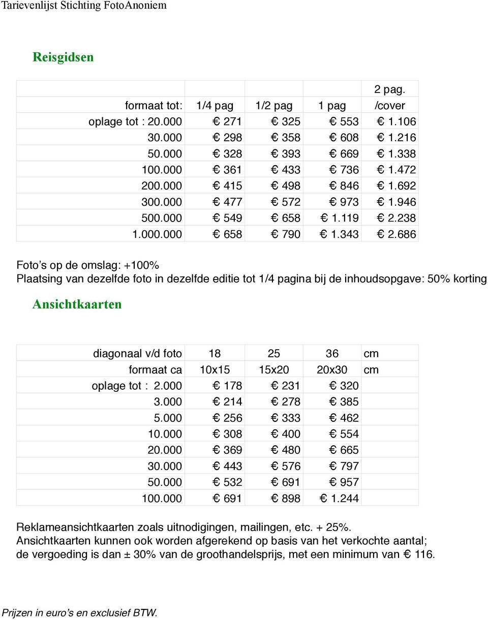 686 Foto s op de omslag: +100% Plaatsing van dezelfde foto in dezelfde editie tot 1/4 pagina bij de inhoudsopgave: 50% korting Ansichtkaarten diagonaal v/d foto 18 25 36 cm formaat ca 10x15 15x20