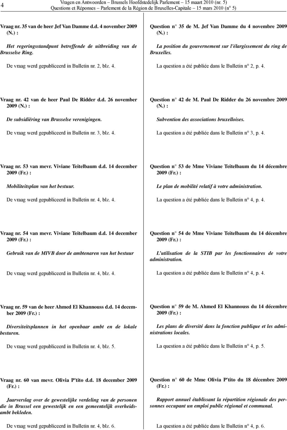 ) : La position du gouvernement sur l'élargissement du ring de Bruxelles. La question a été publiée dans le Bulletin n 2, p. 4. Vraag nr. 42 van de heer Paul De Ridder d.d. 26 november 2009 (N.