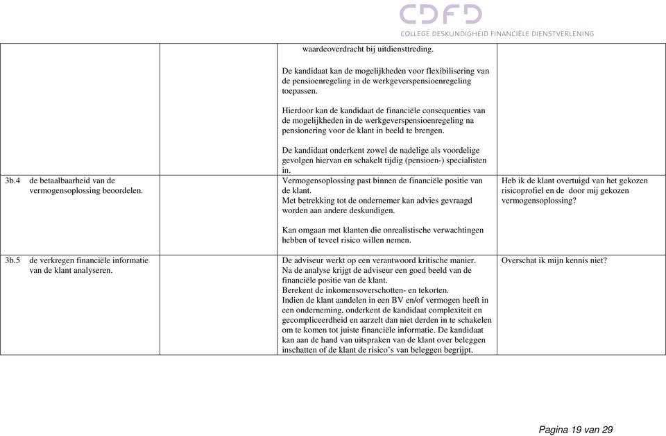 Hierdoor kan de kandidaat de financiële consequenties van de mogelijkheden in de werkgeverspensioenregeling na pensionering voor de klant in beeld te brengen.