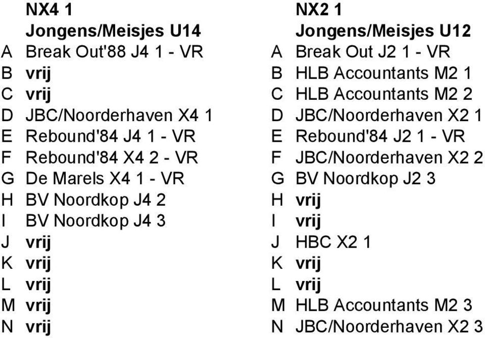 - VR F Rebound'84 X4 2 - VR F JBC/Noorderhaven X2 2 G De Marels X4 1 - VR G BV Noordkop J2 3 H BV Noordkop J4 2 H vrij I BV