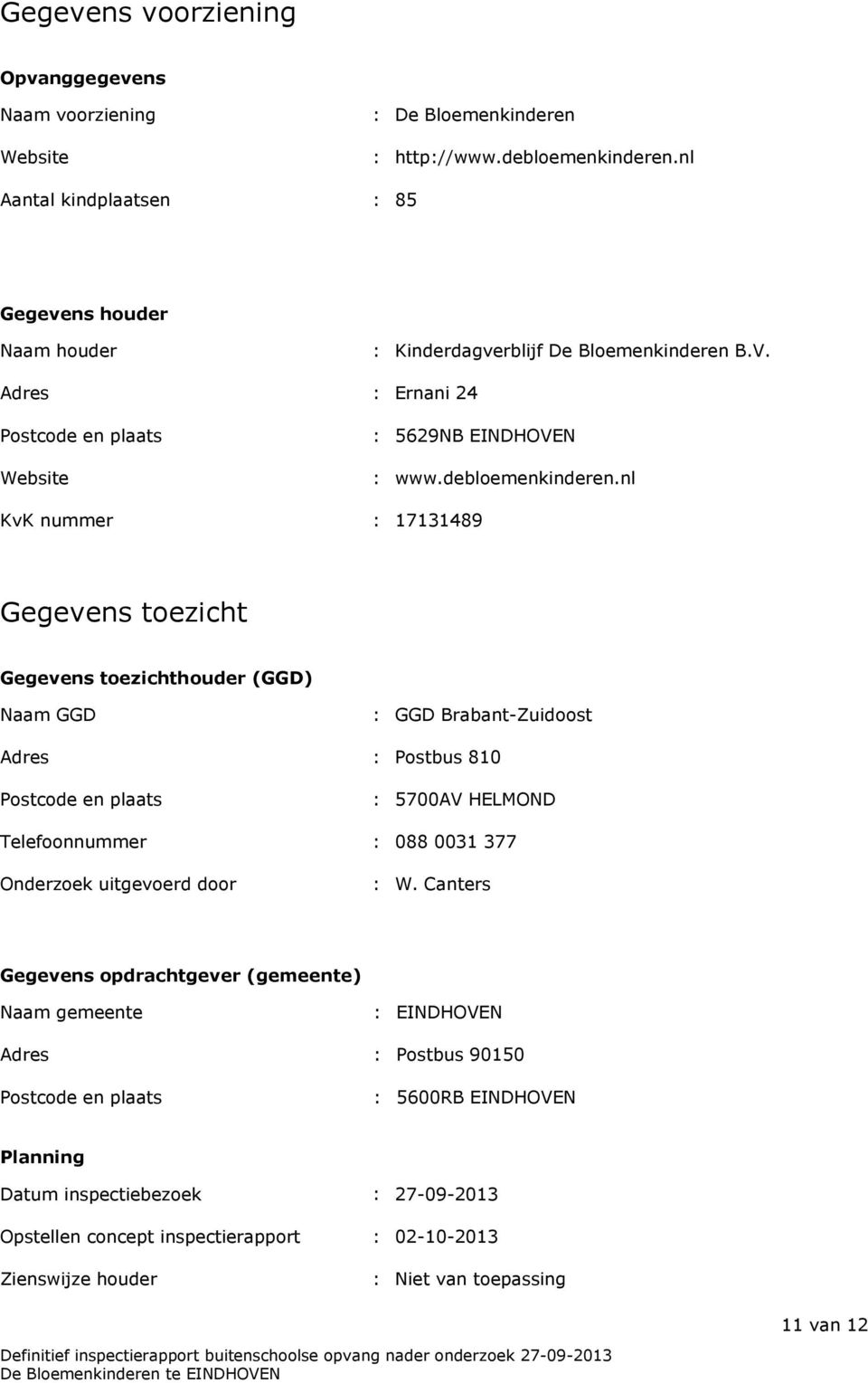 nl KvK nummer : 17131489 Gegevens toezicht Gegevens toezichthouder (GGD) Naam GGD : GGD Brabant-Zuidoost Adres : Postbus 810 Postcode en plaats : 5700AV HELMOND Telefoonnummer : 088 0031 377