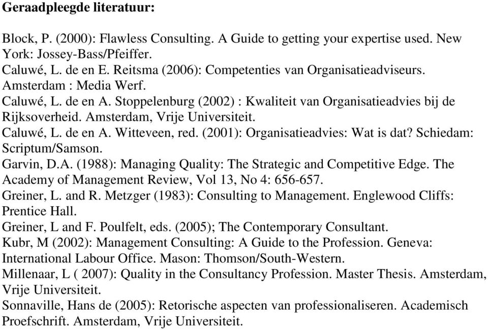 Amsterdam, Vrije Universiteit. Caluwé, L. de en A. Witteveen, red. (2001): Organisatieadvies: Wat is dat? Schiedam: Scriptum/Samson. Garvin, D.A. (1988): Managing Quality: The Strategic and Competitive Edge.