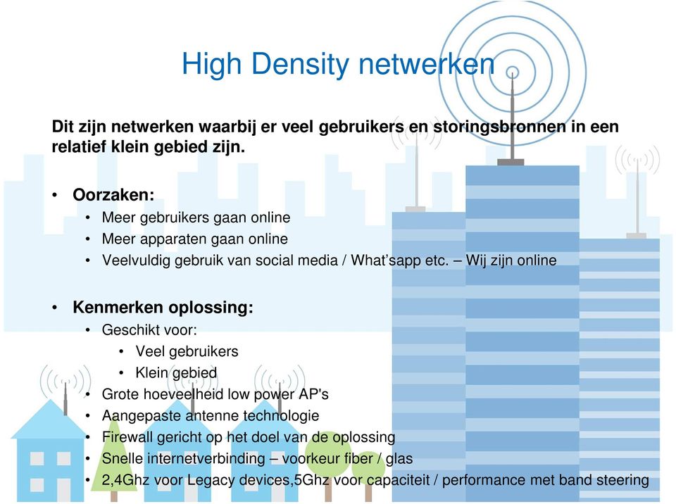 Wij zijn online Kenmerken oplossing: Geschikt voor: Veel gebruikers Klein gebied Grote hoeveelheid low power AP's Aangepaste antenne