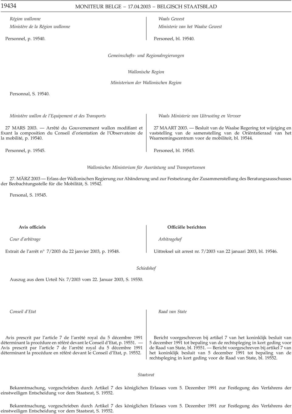 Arrêté du Gouvernement wallon modifiant et fixant la composition du Conseil d orientation de l Observatoire de la mobilité, p. 19540. Personnel, p. 19545.