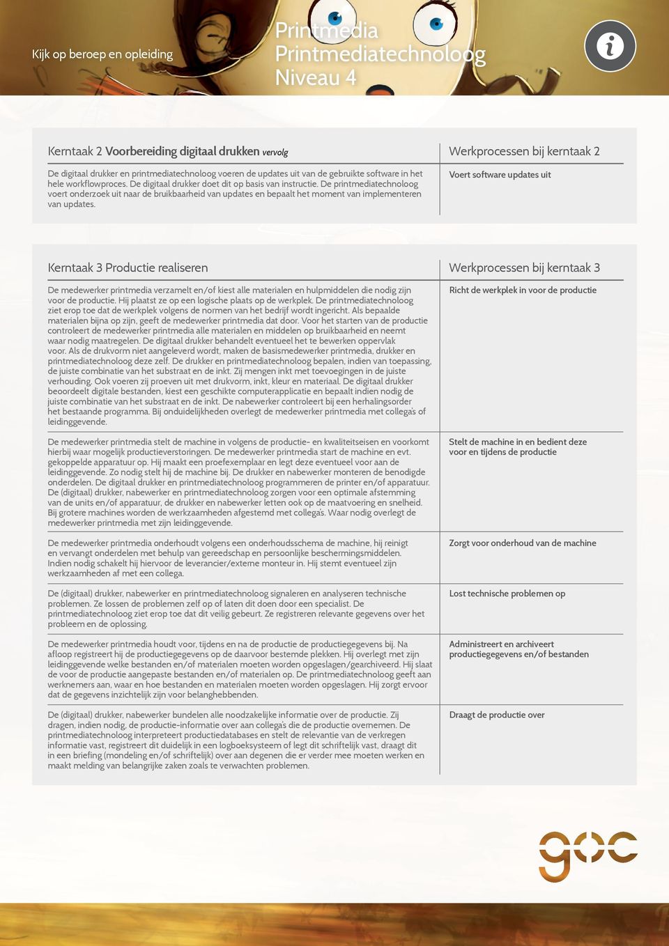 Werkprocessen bij kerntaak 2 Voert software updates uit Kerntaak 3 Productie realiseren De medewerker printmedia verzamelt en/of kiest alle materialen en hulpmiddelen die nodig zijn voor de productie.