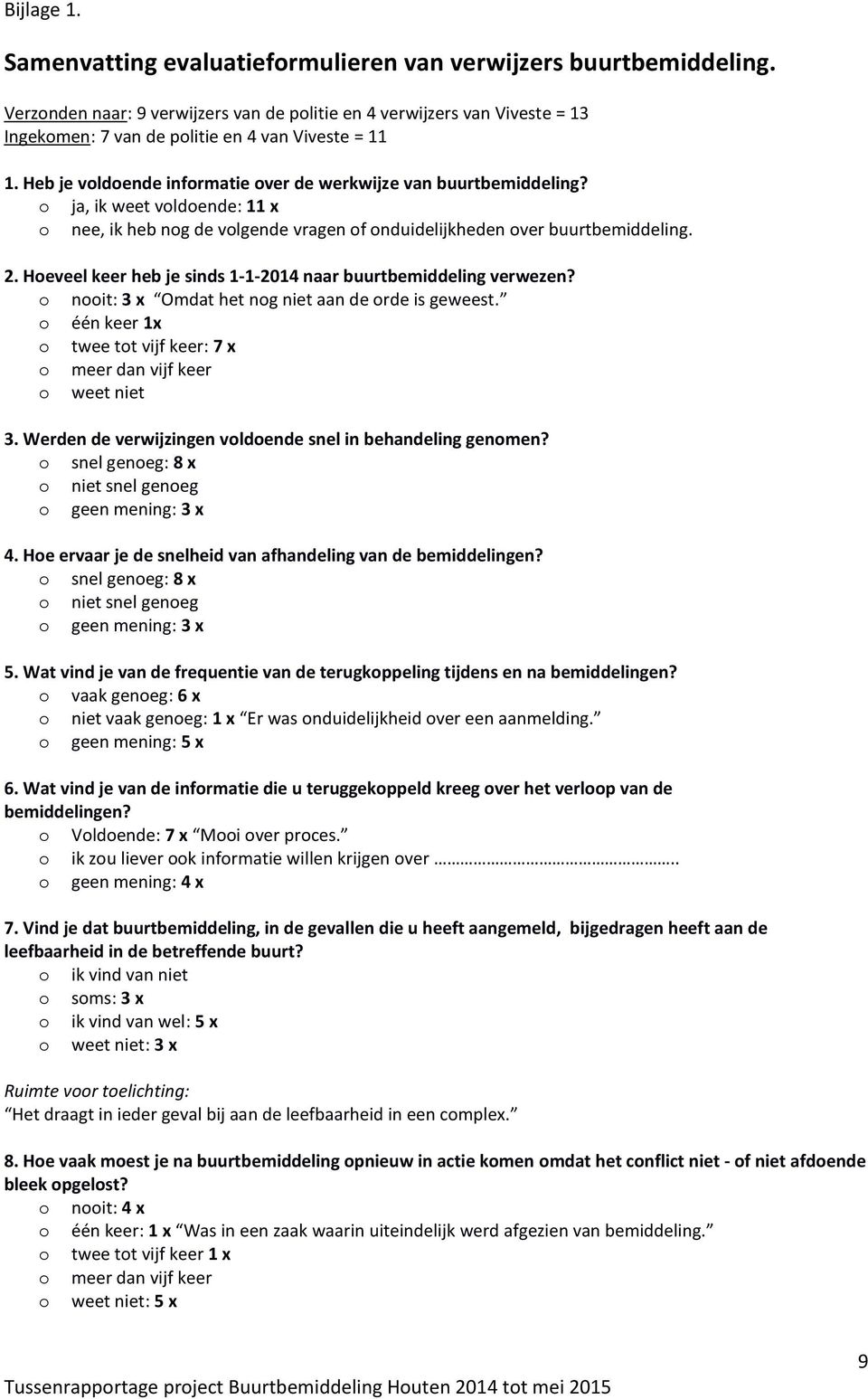 o ja, ik weet voldoende: 11 x o nee, ik heb nog de volgende vragen of onduidelijkheden over buurtbemiddeling. 2. Hoeveel keer heb je sinds 1-1-2014 naar buurtbemiddeling verwezen?