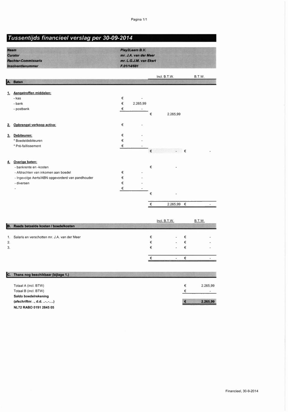 265,99 Incl. B.T.W. B.T.w. 1. Salaris en verschotten mr. J.A. van der Meer 2. 3. Thena nog beschlkbaar(bljlage 1.) Totaal A (incl. BTW) 2.265,99 Totaal B (incl.