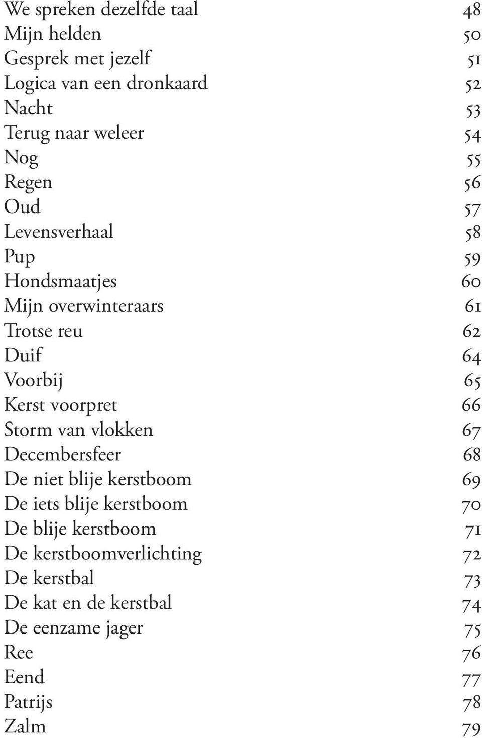 Kerst voorpret 66 Storm van vlokken 67 Decembersfeer 68 De niet blije kerstboom 69 De iets blije kerstboom 70 De blije