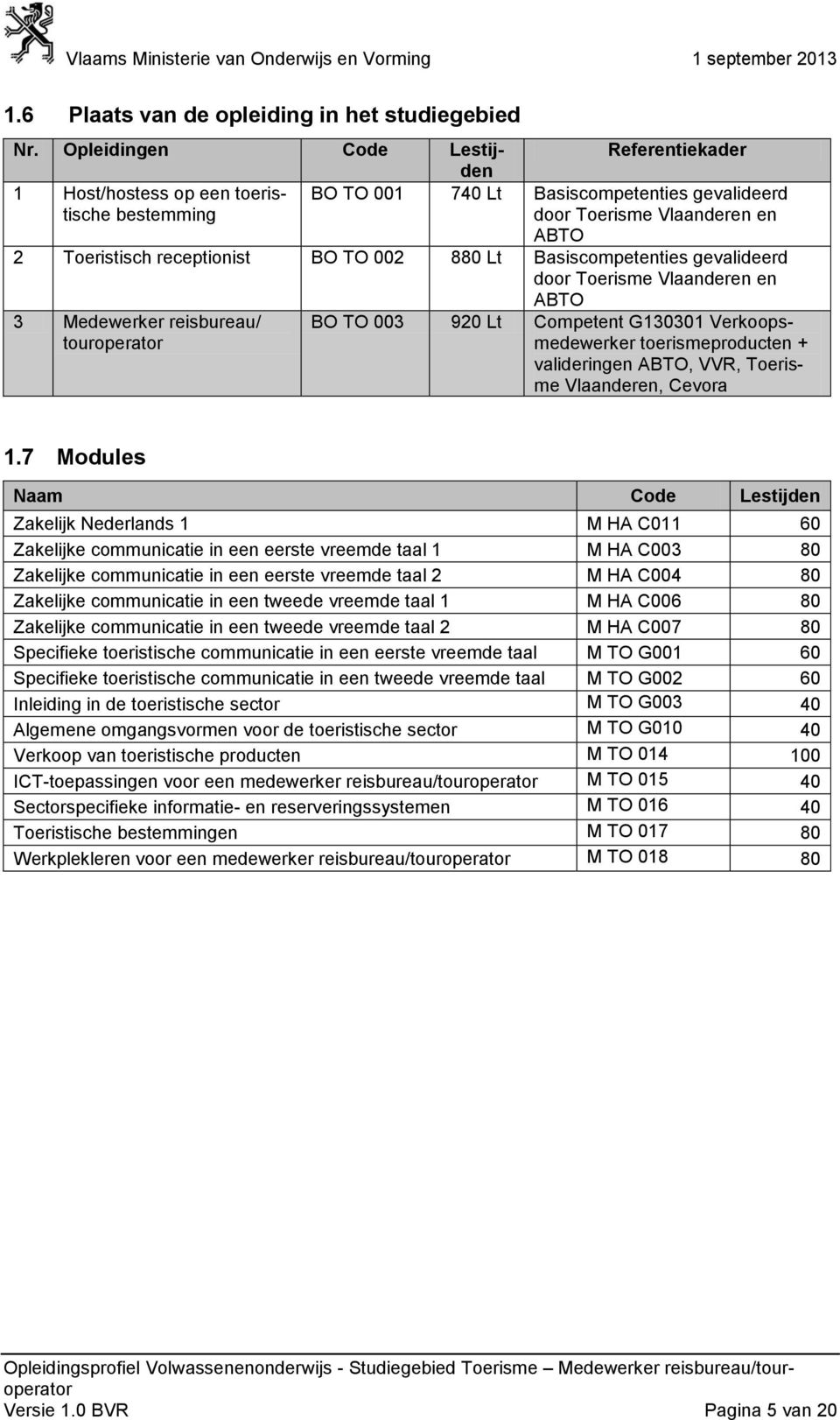 002 880 Lt Basiscompetenties gevalideerd door Toerisme Vlaanderen en ABTO 3 Medewerker reisbureau/ touroperator BO TO 003 920 Lt Competent G130301 Verkoopsmedewerker toerismeproducten + valideringen