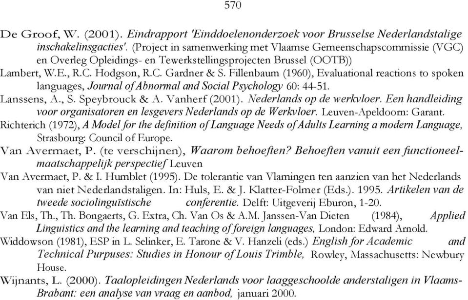 Fillenbaum (1960), Evaluational reactions to spoken languages, Journal of Abnormal and Social Psychology 60: 44-51. Lanssens, A., S. Speybrouck & A. Vanherf (2001). Nederlands op de werkvloer.