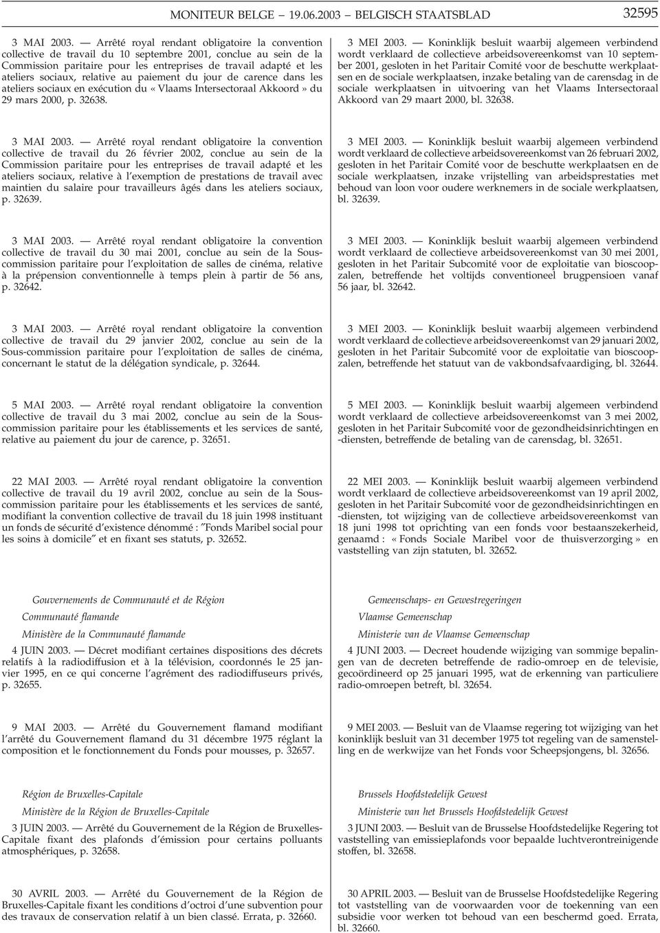 relative au paiement du jour de carence dans les ateliers sociaux en exécution du «Vlaams Intersectoraal Akkoord» du 29 mars 2000, p. 32638. 3 MEI 2003.