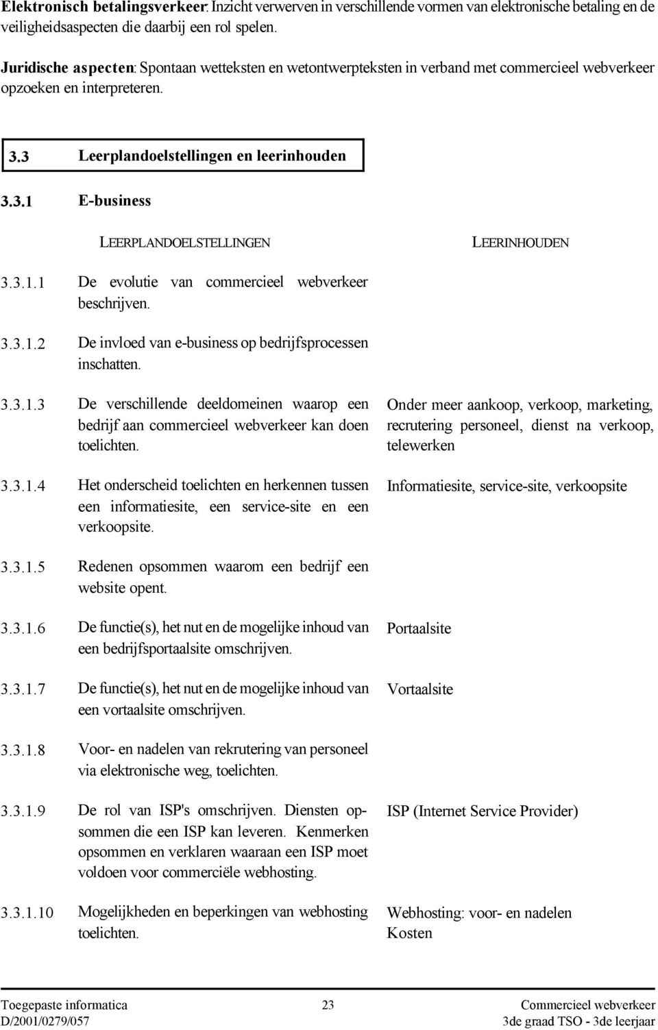 3.1.1 De evolutie van commercieel webverkeer beschrijven. 3.3.1.2 De invloed van e-business op bedrijfsprocessen inschatten. 3.3.1.3 De verschillende deeldomeinen waarop een bedrijf aan commercieel webverkeer kan doen toelichten.