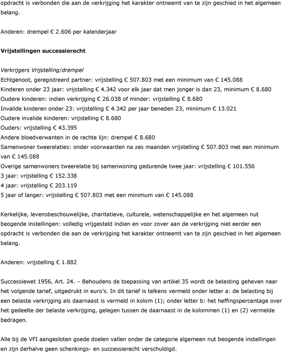 088 Kinderen onder 23 jaar: vrijstelling 4.342 voor elk jaar dat men jonger is dan 23, minimum 8.680 Oudere kinderen: indien verkrijging 26.038 of minder: vrijstelling 8.