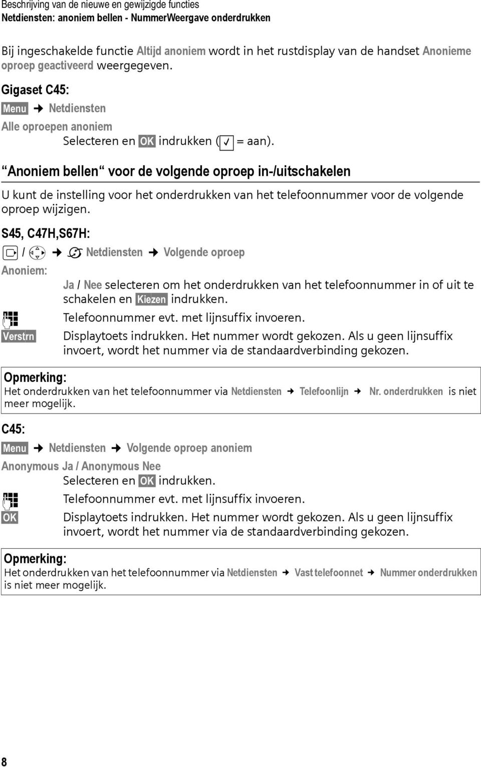 Anoniem bellen voor de volgende oproep in-/uitschakelen U kunt de instelling voor het onderdrukken van het telefoonnummer voor de volgende oproep wijzigen.