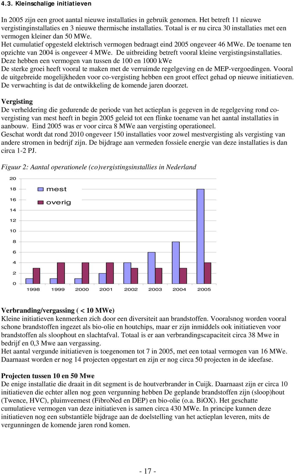 De toename ten opzichte van 2004 is ongeveer 4 MWe. De uitbreiding betreft vooral kleine vergistingsinstallaties.