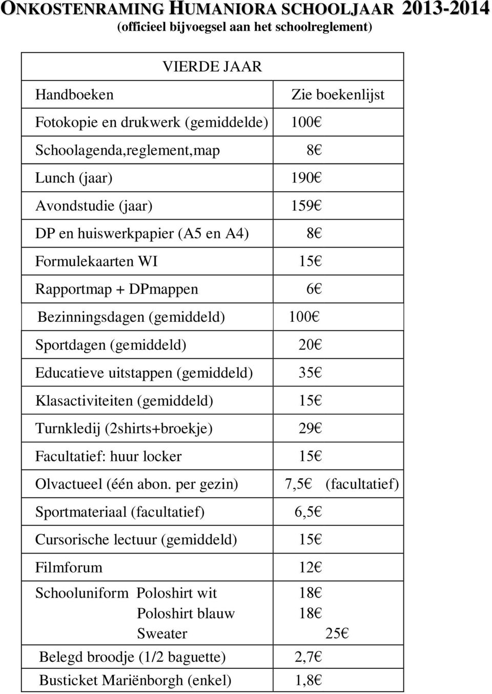 Sportdagen (gemiddeld) 20 Educatieve uitstappen (gemiddeld) 35 Klasactiviteiten (gemiddeld) 15 Turnkledij