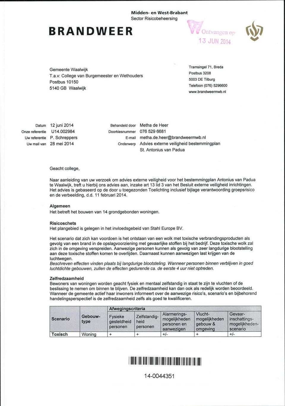 Schreppers Uw mail van 28 mei 2014 Behandeld door Metha de Heer Doorkiesnummer 076 529 6681 E-mail metha.de.heer@brandweermwb.nl Onderwerp Advies externe veiligheid bestemmingplan St.