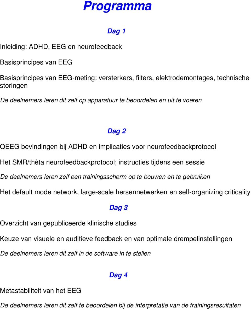 deelnemers leren zelf een trainingsscherm op te bouwen en te gebruiken Het default mode network, large-scale hersennetwerken en self-organizing criticality Dag 3 Overzicht van gepubliceerde klinische