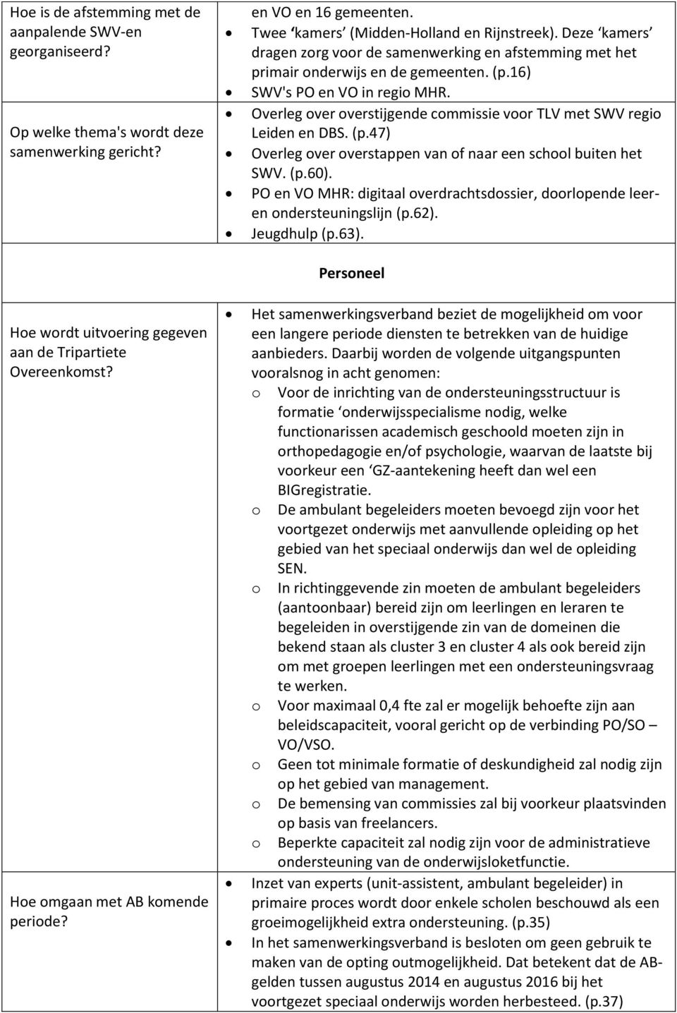 Deze kamers dragen zorg voor de samenwerking en afstemming met het primair onderwijs en de gemeenten. (p.16) SWV's PO en VO in regio MHR.