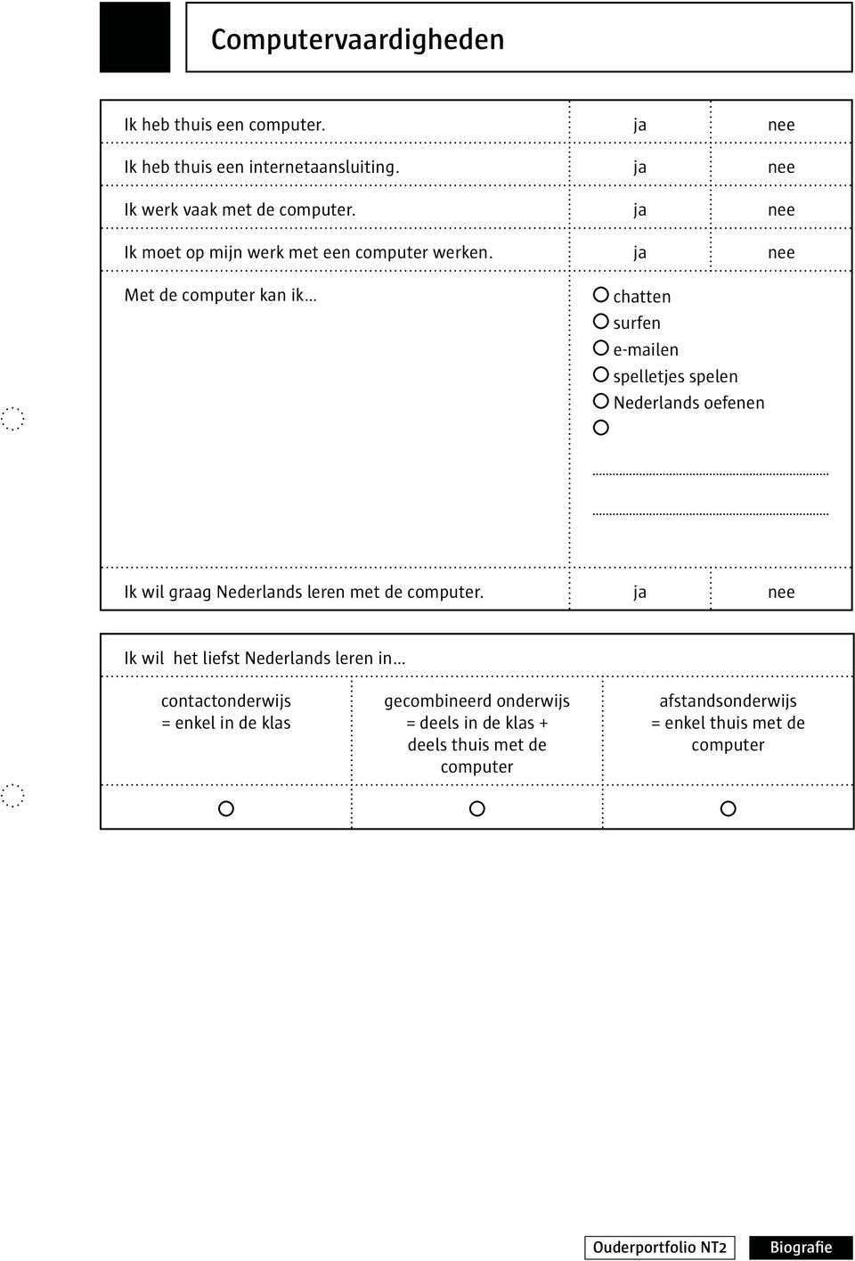 ja nee Met de computer kan ik chatten surfen e-mailen spelletjes spelen Nederlands oefenen Ik wil graag Nederlands leren met de