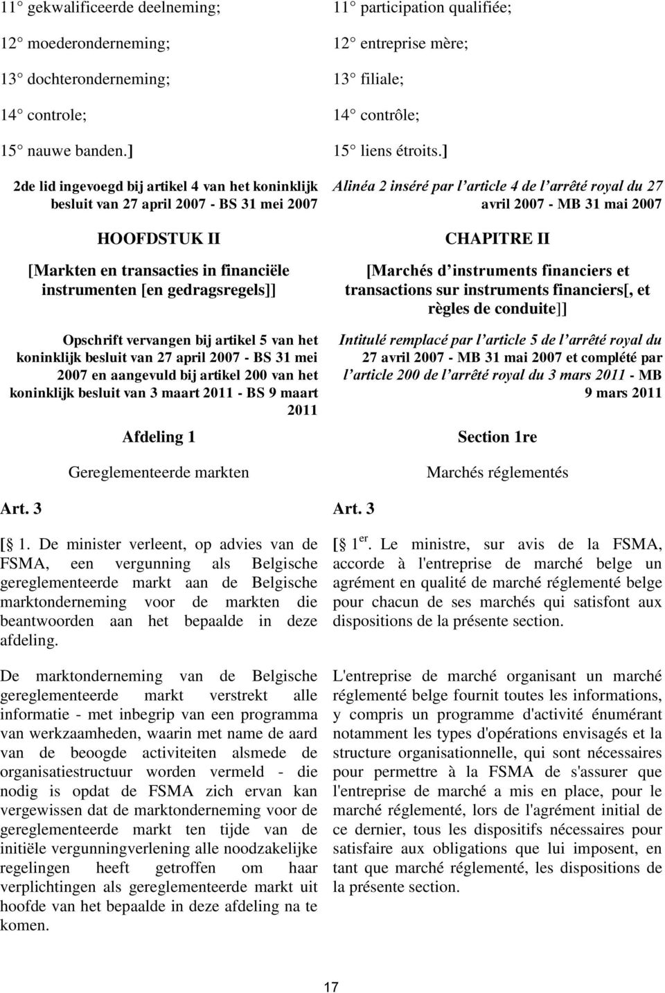 bij artikel 5 van het koninklijk besluit van 27 april 2007 - BS 31 mei 2007 en aangevuld bij artikel 200 van het koninklijk besluit van 3 maart 2011 - BS 9 maart 2011 Afdeling 1 Gereglementeerde