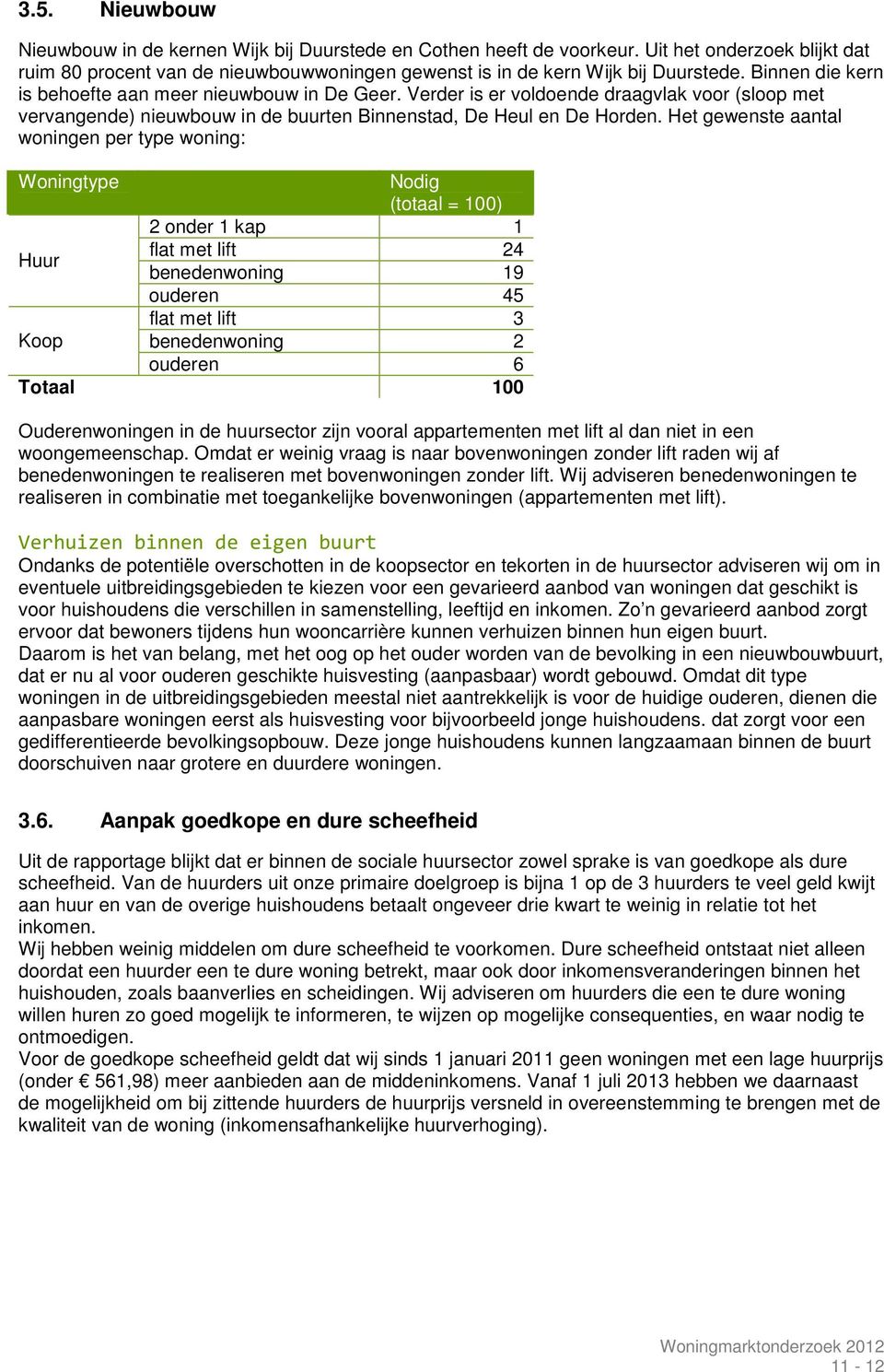 Het gewenste aantal woningen per type woning: Woningtype Nodig (totaal = 100) 2 onder 1 kap 1 Huur flat met lift 24 benedenwoning 19 ouderen 45 flat met lift 3 Koop benedenwoning 2 ouderen 6 Totaal