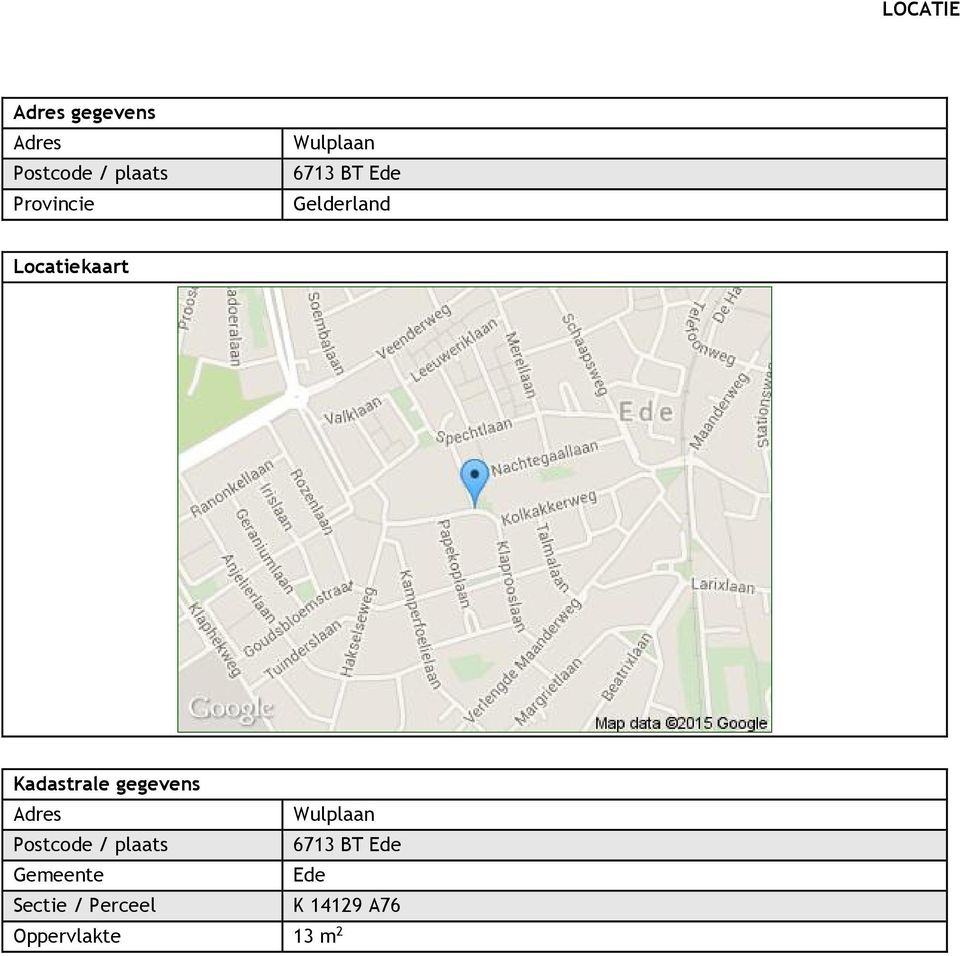 gegevens Adres Wulplaan Postcode / plaats 6713 BT Ede