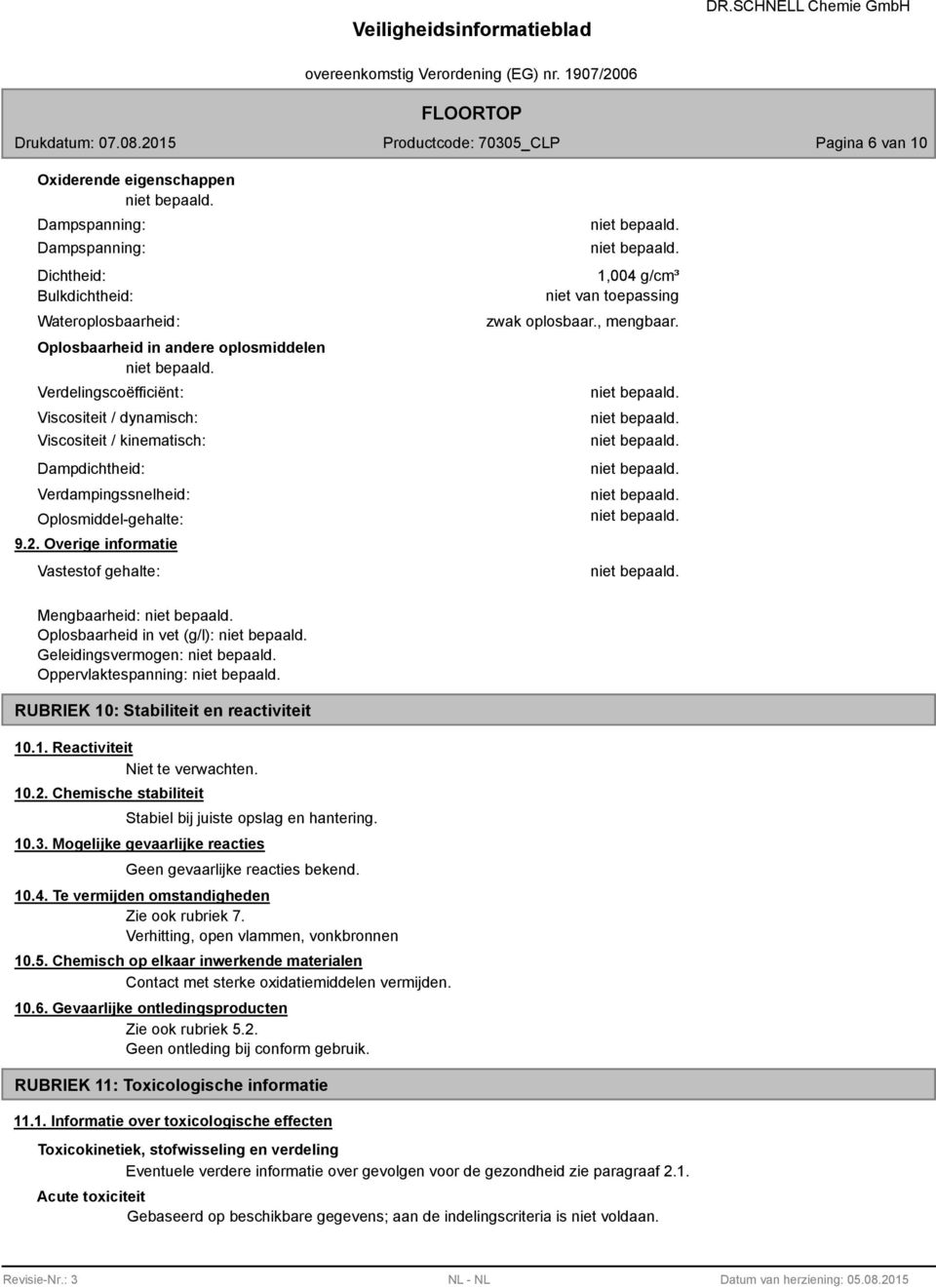 Mengbaarheid: Oplosbaarheid in vet (g/l): Geleidingsvermogen: Oppervlaktespanning: RUBRIEK 10: Stabiliteit en reactiviteit 10.1. Reactiviteit Niet te verwachten. 10.2.