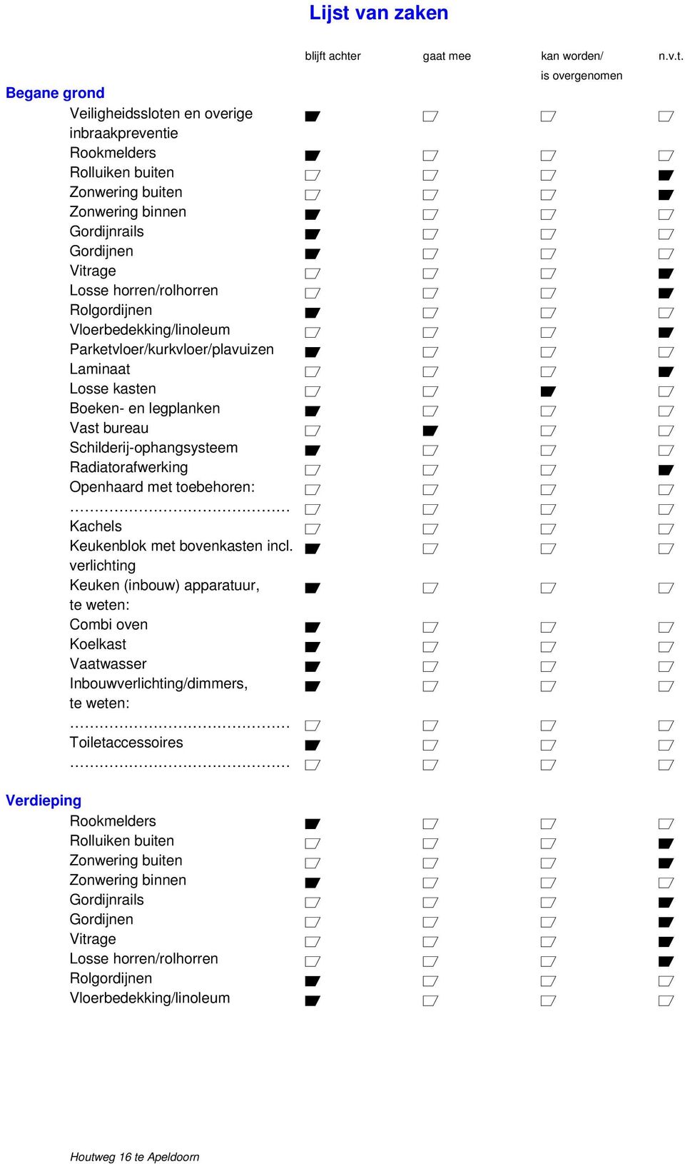 achter gaat mee kan worden/ n.v.t. is overgenomen Begane grond Veiligheidssloten en overige A a a a inbraakpreventie Rookmelders A a a a Rolluiken buiten a a a A Zonwering buiten a a a A Zonwering