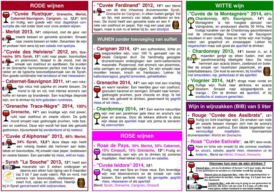 -"Cuvée des Helviens" 2012, 50% Grenache, 50% Syrah, 13 : ruikt naar peper, bosviooltjes en pioenrozen. Soepel in de mond, met de smaak van zoethout en aardbeien.