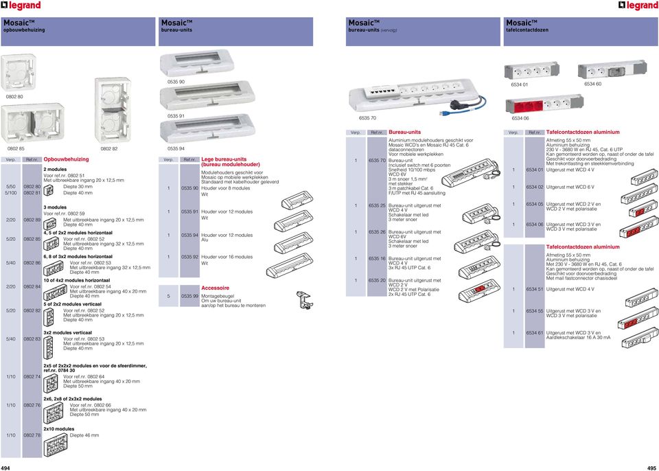 Ref.nr. Bureau-units Aluminium modulehouders geschikt voor Mosaic WCD s en Mosaic RJ 4 Cat.