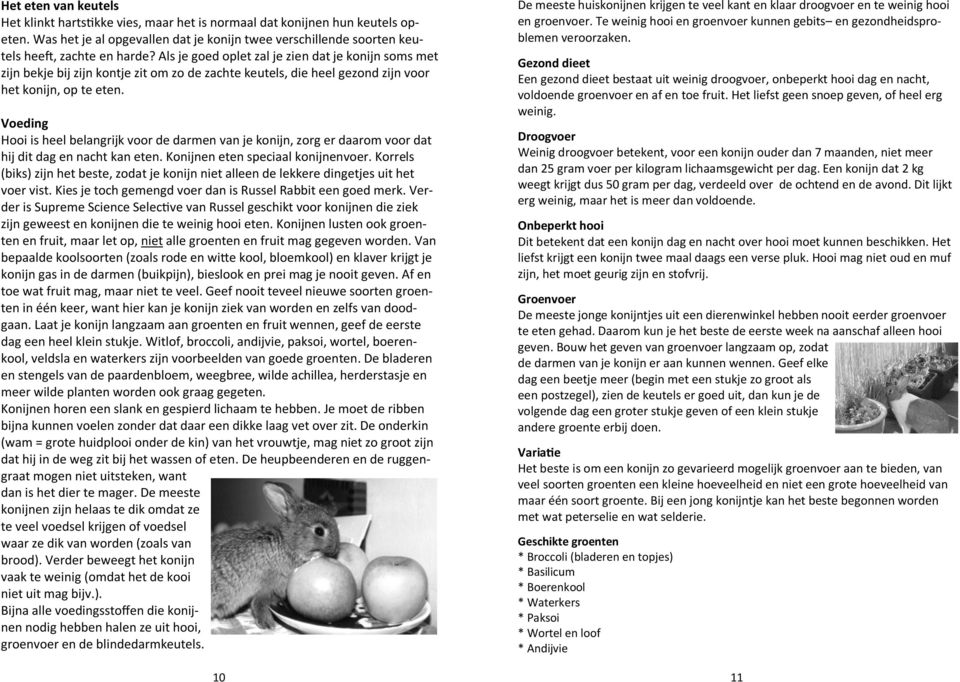 Voeding Hooi is heel belangrijk voor de darmen van je konijn, zorg er daarom voor dat hij dit dag en nacht kan eten. Konijnen eten speciaal konijnenvoer.