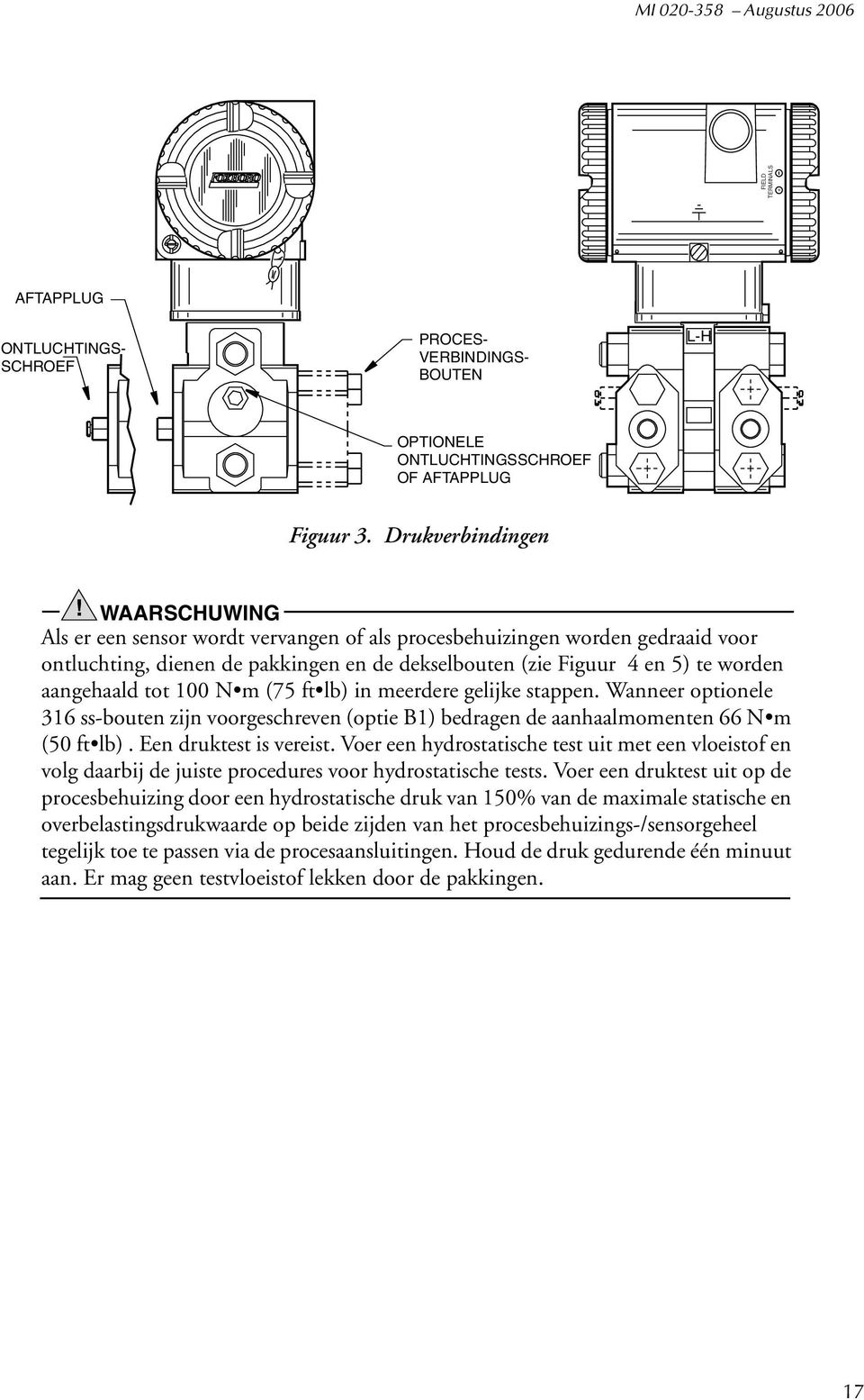 m (75 ft lb) in meerdere gelijke stappen. Wanneer optionele 316 ss-bouten zijn voorgeschreven (optie B1) bedragen de aanhaalmomenten 66 N m (50 ft lb). Een druktest is vereist.