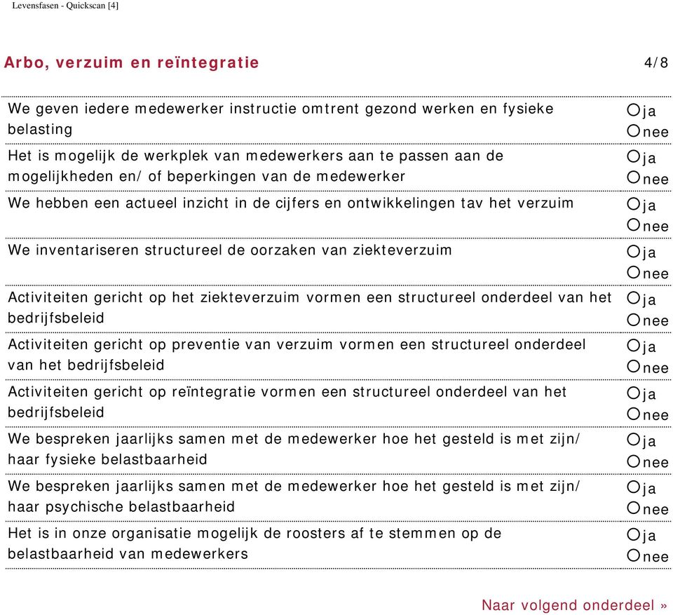 ziekteverzuim Activiteiten gericht op het ziekteverzuim vormen een structureel onderdeel van het bedrijfsbeleid Activiteiten gericht op preventie van verzuim vormen een structureel onderdeel van het