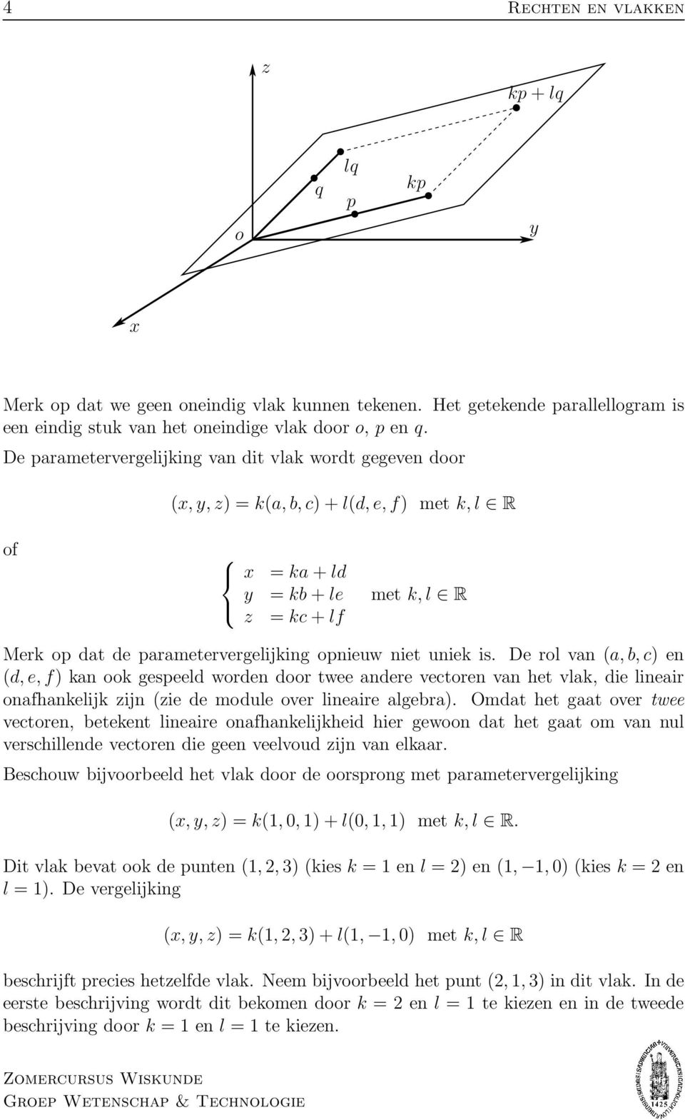 niet uniek is. De rol van (a, b, c) en (d, e, f) kan ook gespeeld worden door twee andere vectoren van het vlak, die lineair onafhankelijk zijn (zie de module over lineaire algebra).