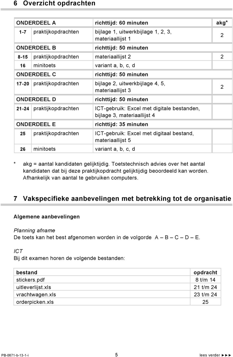 21-24 praktijkopdrachten ICT-gebruik: Excel met digitale bestanden, bijlage 3, materiaallijst 4 ONDERDEEL E richttijd: 35 minuten 25 praktijkopdrachten ICT-gebruik: Excel met digitaal bestand,