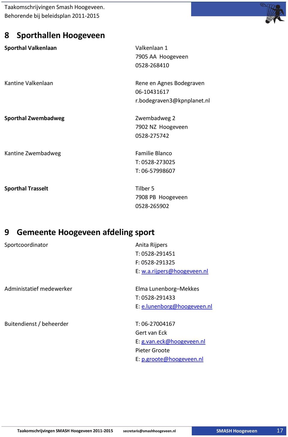 Gemeente Hoogeveen afdeling sport Sportcoordinator Anita Rijpers T: 0528-291451 F: 0528-291325 E: w.a.rijpers@hoogeveen.nl Administatief medewerker Elma Lunenborg Mekkes T: 0528-291433 E: e.