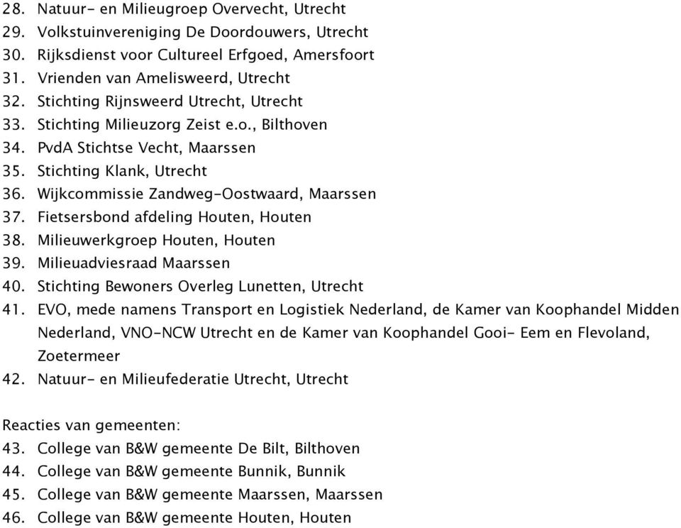 Fietsersbond afdeling Houten, Houten 38. Milieuwerkgroep Houten, Houten 39. Milieuadviesraad Maarssen 40. Stichting Bewoners Overleg Lunetten, Utrecht 41.