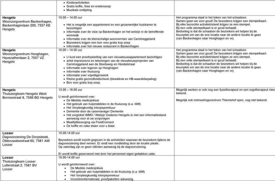 00 uur Het is mogelijk een appartement en een gezamenlijke huiskamer te bezichtigen Informatie over de visie op Backenhagen en het welzijn in de betreffende woonwijk Informatie over de kleinschalige