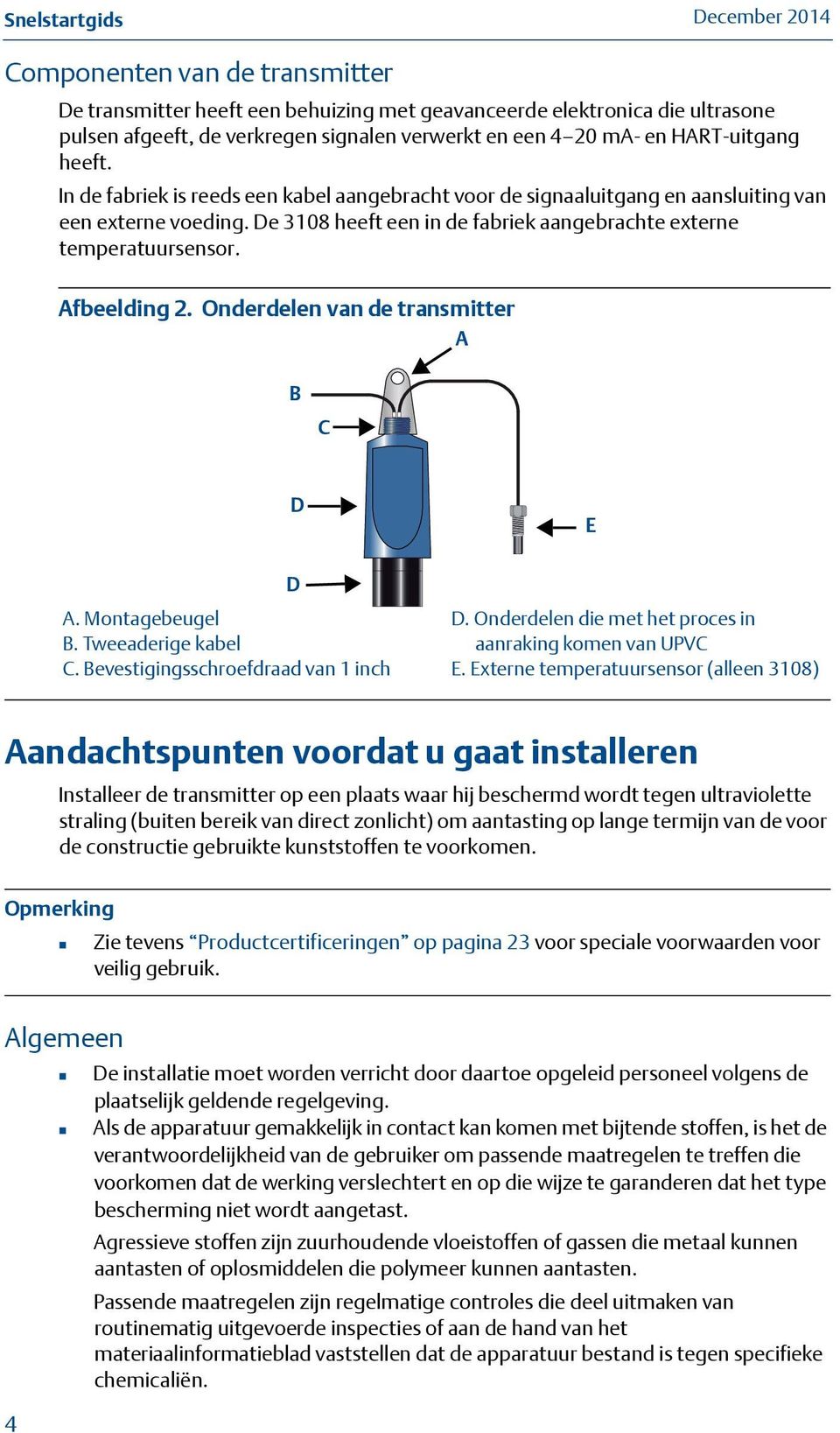 Onderdelen van de transmitter A B C D E D A. Montagebeugel D. Onderdelen die met het proces in B. Tweeaderige kabel aanraking komen van UPVC C. Bevestigingsschroefdraad van 1 inch E.