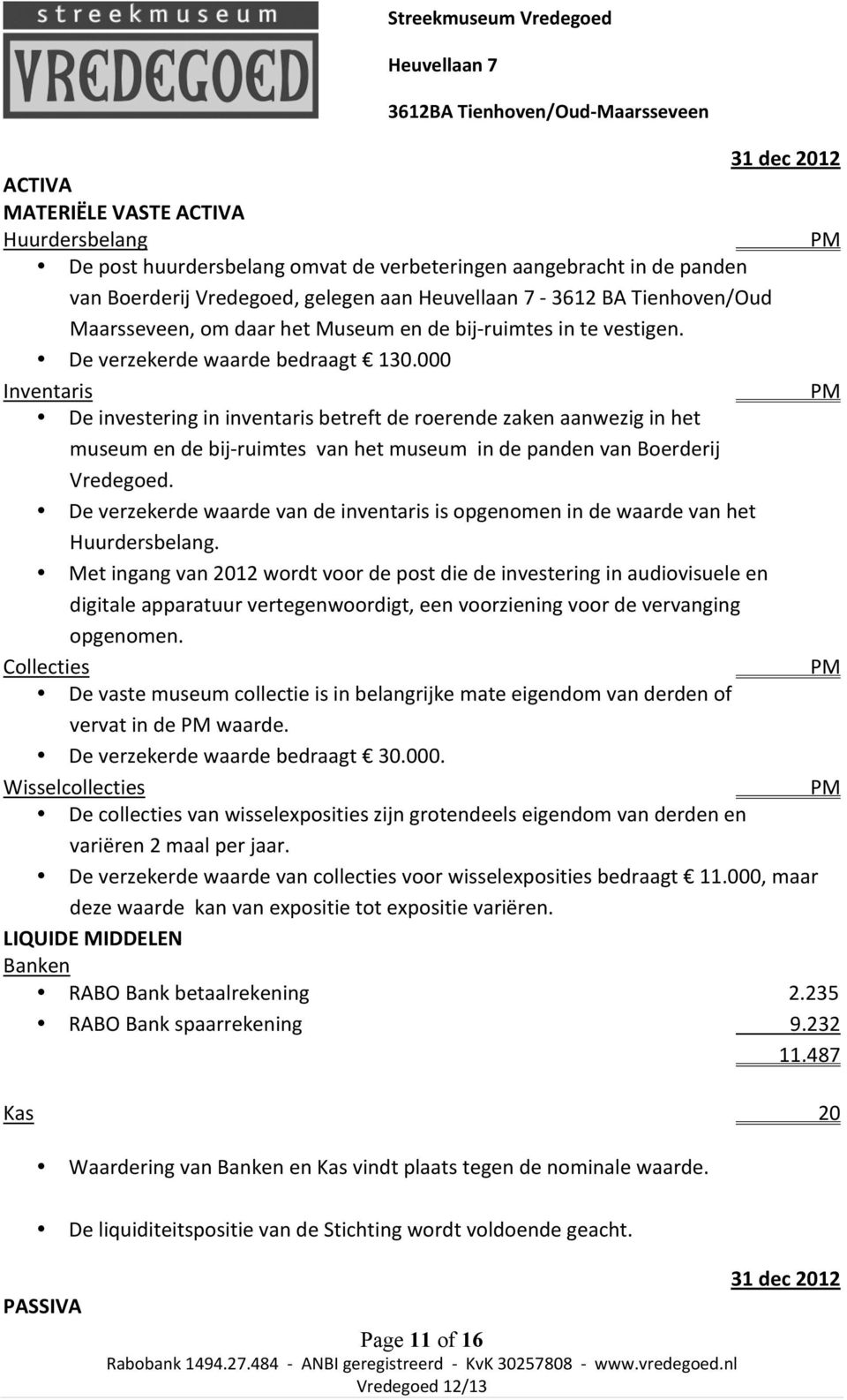 000 Inventaris De investering in inventaris betreft de roerende zaken aanwezig in het museum en de bij- ruimtes van het museum in de panden van Boerderij Vredegoed.